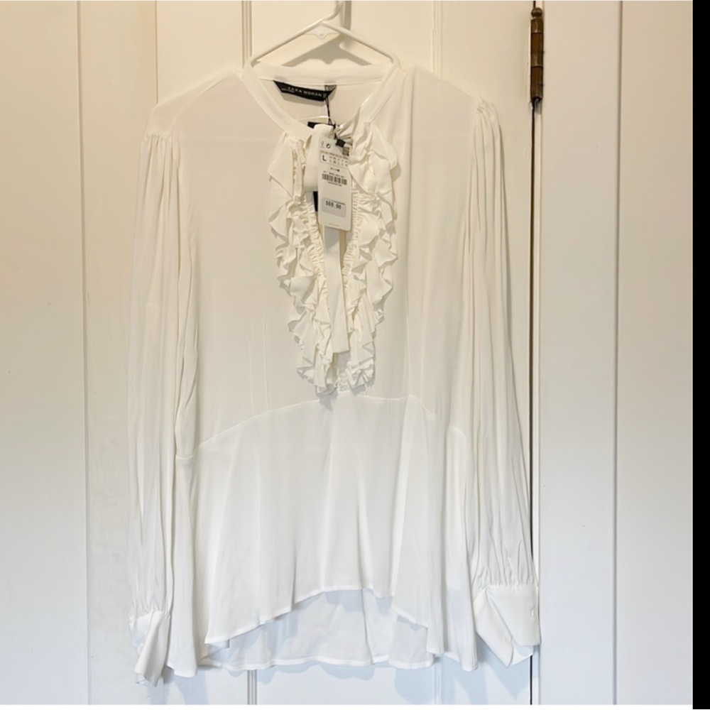 ZARA WOMAN size large long sleeve white blouse with ruffles